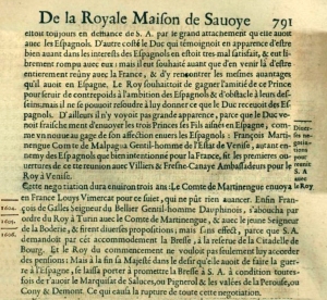 Fragmento de las páginas 790-791 de la Histoire généalogique de la Maison Royale de Savoie, de del Samuel Guichenon (1660).